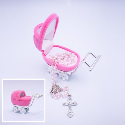 rosary beads for baby christening pink in box pram