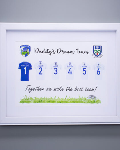 personalised jersey print frame daddy's dream team white frame