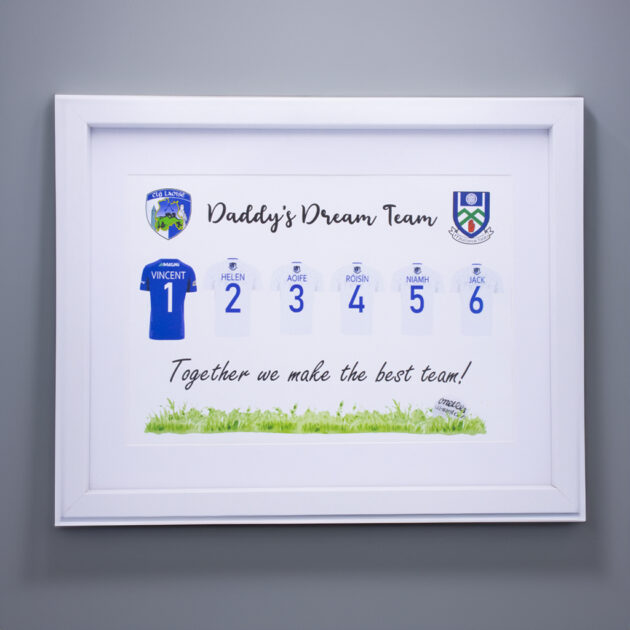 personalised jersey print frame daddy's dream team white frame