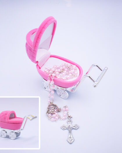 rosary beads for baby christening pink in box pram